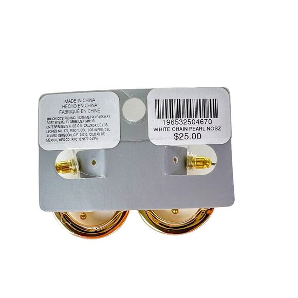 Chicos Faux Pearl Hoop Earrings Shiny Gold Tone Post Small 1" Classic Fashion - Picture 4 of 9